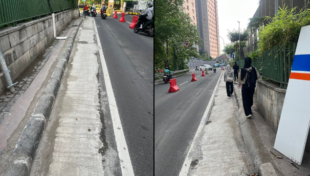 Viral, trotoar di belakang Mal Grand Indonesia dipangkas jadi hanya muat satu orang. (Foto/ X @drhaltekehalte)