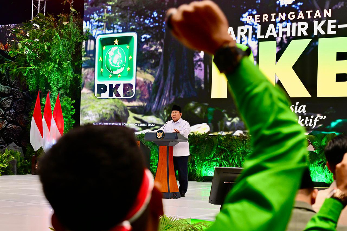 Presiden Prabowo Subianto memberikan sambutan pada Peringatan Hari Lahir ke-27 PKB di Jakarta Convention Center (JCC), Jakarta, Rabu (23/7/2025).(Beritanasional.com/ Biro Pers)