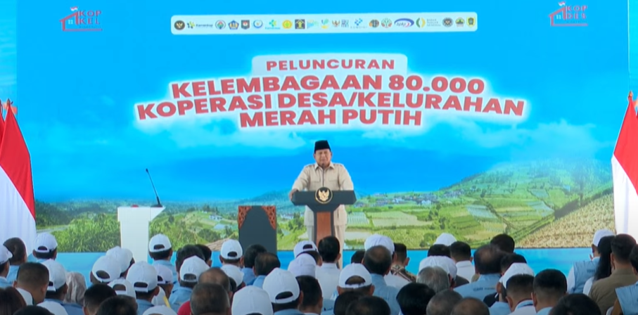 Presiden Indonesia Prabowo Subianto saat peluncuran Kelembagaan 80 Ribu Kopdes. (Foto/YouTube Setpres)