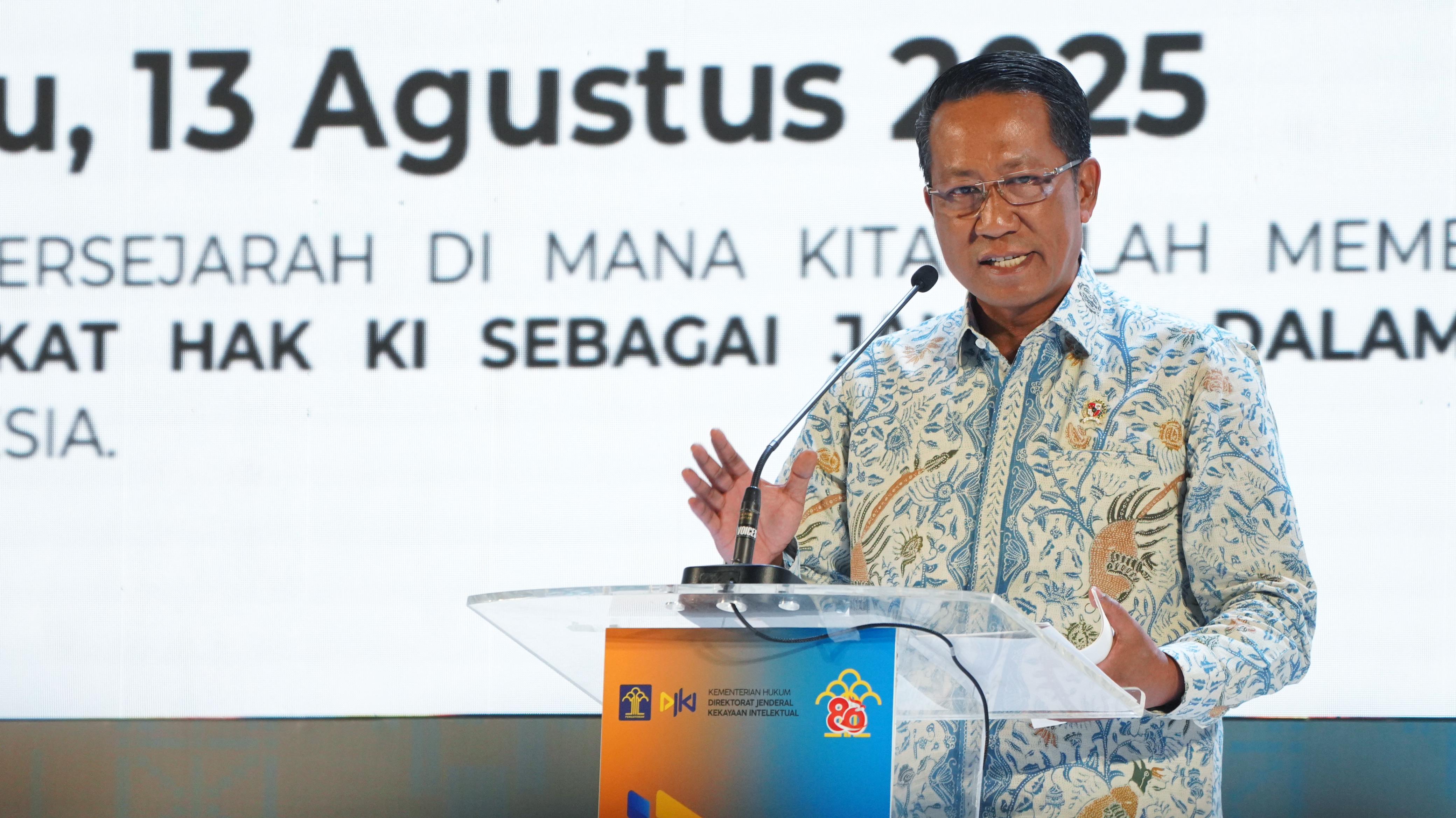Menteri Hukum Supratman Andi Agtas berpidato di acara IPXpose Jakarta. (BeritaNasional/dok Kemenkum)