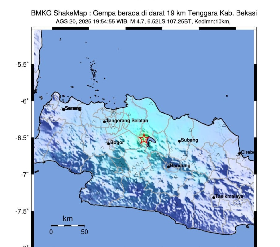 Titik gempa (gambar bintang merah) di Kabupaten Bekasi dan Karawang, Jawa Barat. (Foto/Instagram BMKG)