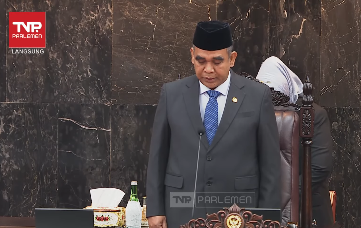 Ketua MPR RI Ahmad Muzani saat berpidato di sidang Tahunan MPR 2025. (Foto/TV Parlemen)