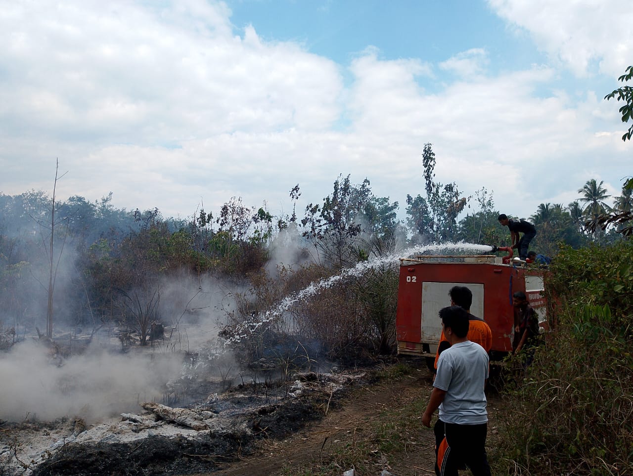 Tim pemadam berupaya padamkan api yang membakar lahan di Padang Lawas Utara Sumut. (BeritaNasional/BNPB)