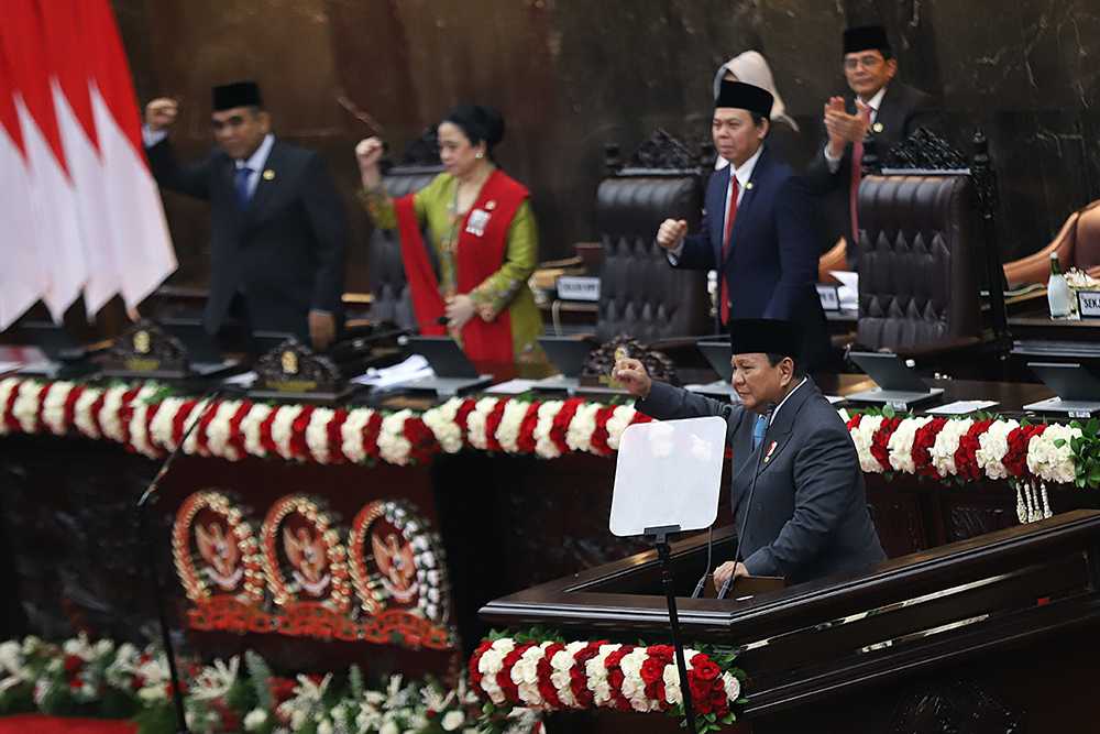Presiden RI Prabowo Subianto menyampaikan pidato Sidang Tahunan MPR RI dan Sidang Bersama DPR-DPD RI Tahun 2025. (BeritaNasional/Elvis Sendouw)
