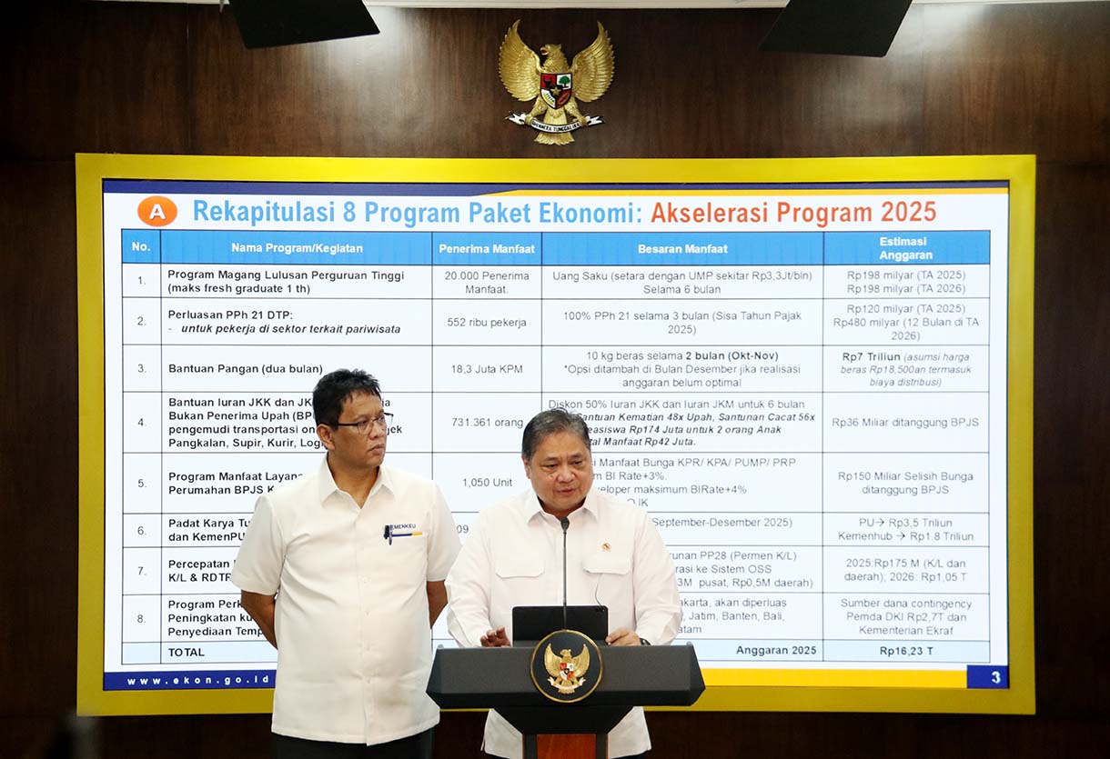 Menko Perekonomian Airlangga Hartarto (kanan) bersama Menkeu Purbaya Yudhi Sadewa (kiri) memberikan keterangan terkait program paket ekonomi usai rapat koorddinasi dengan Presiden Prabowo Subianto di Kantor Kepresidenan, Jakarta, Senin (15/9/2025).  (Beritanasional.com/Oke Atmaja)