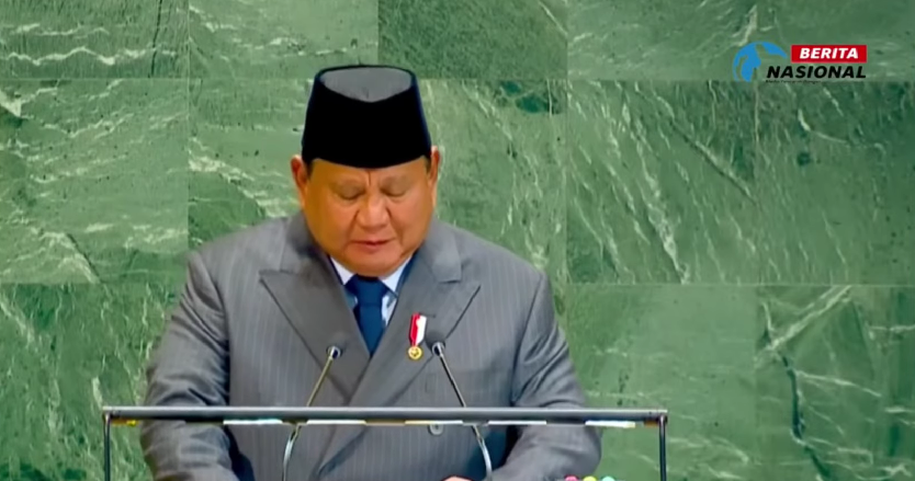 Momen Presiden Prabowo Subianto menyampaikan pandangannya dalam Konferensi Internasional Tingkat Tinggi, Senin (22/9/2025). (Biro pers)