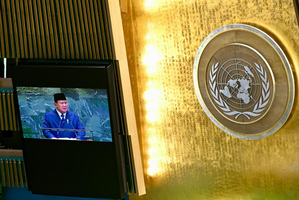 Presiden Prabowo Subianto dalam pidato perdananya di Sidang Majelis Umum PBB ke-80. (Foto/BPMI)