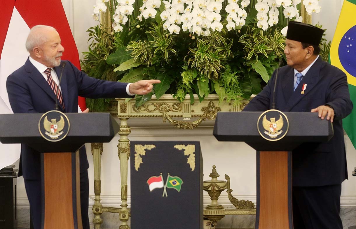Presiden Indonesia Prabowo Subianto dan Presiden Brasil Luiz Inácio Lula da Silva di Istana Merdeka. (BeritaNasional/Oke Atmaja)