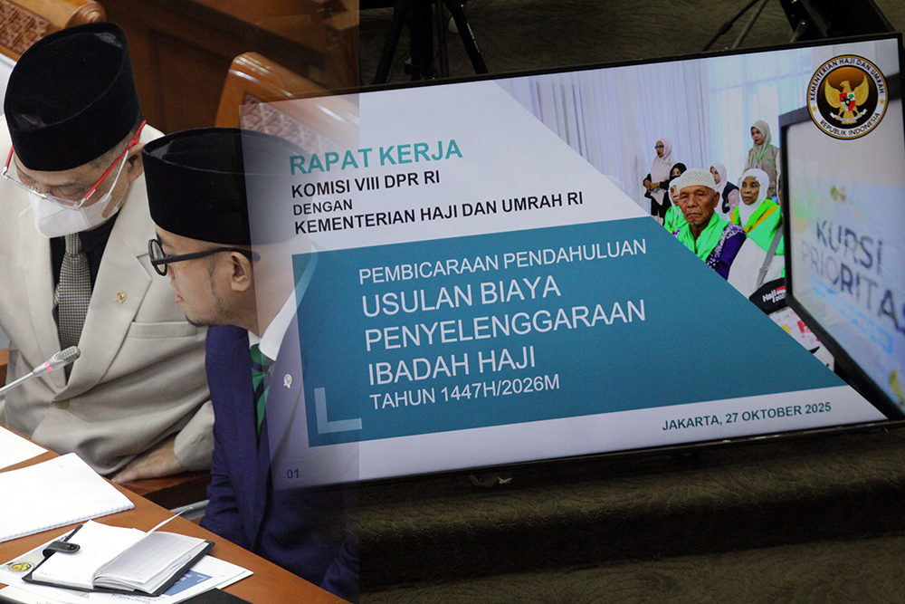 Menteri Haji dan Umrah Mochamad Irfan Yusuf (kiri) dan Wakil Menteri Haji dan Umrah Dahnil Anzar Simanjuntak  menghadiri Rapat Kerja dengan Komisi VIII DPR. (BeritaNasional/Elvis Sendouw)