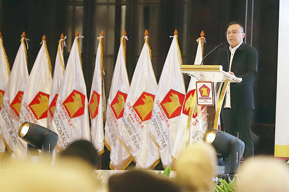 Ketua Harian DPP Gerindra Sufmi Dasco Ahmad memberikan sambutan dalam Munas 2025 PIRA di Jakarta. (BeritaNasional/Elvis)