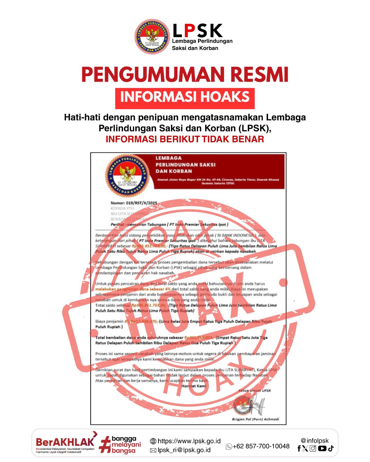 Surat hoaks yang mengatasnamakan LPSK. (Foto/Istimewa)