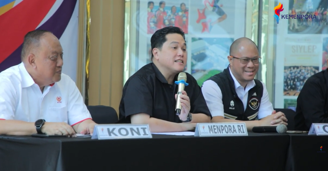 Menpora Erick Thohir jumpa pers kirimkan 996 atlet berlaga di SEA Games Thailand. (BeritaNasional/Youtube Menpora)
