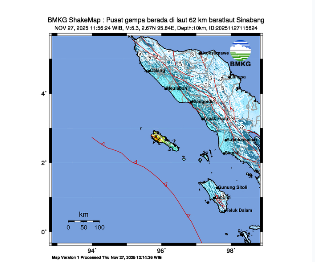 Gempa Magnitudo 6,3 di Sinabang Aceh, disusul 9 kali gempa. (Foto/BMKG)
