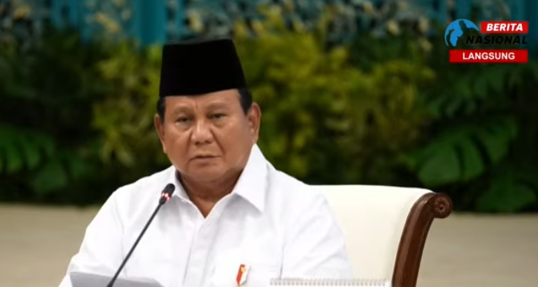 Prabowo Subianto dalam Arahan Presiden Prabowo pada Sidang Kabinet Paripurna di Istana Negara. (Foto/tangkapan layar)