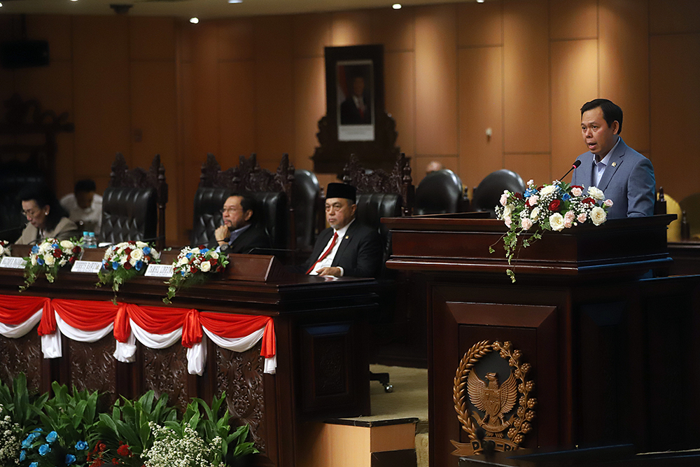 Ketua DPD Sultan Bachtiar Najamudin sampaikan pidato dalam Rapat Koordinasi Nasional (Rakornas). (BeritaNasional/Elvis Sendouw)