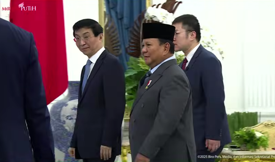 Presiden Prabowo sambut ketua MPR Tiongkok Wang Huning di Istana Merdeka. (Foto/tangkapan layar)