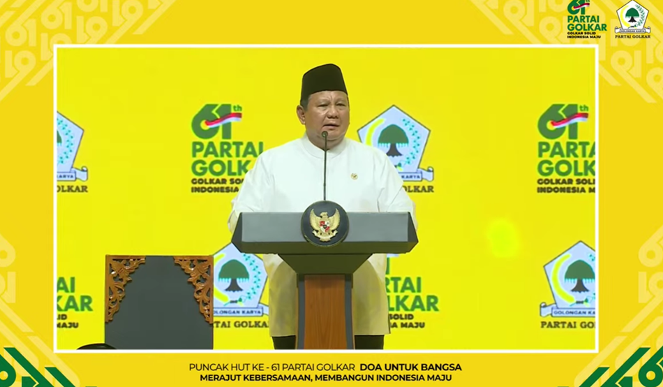 Presiden Prabowo saat sambutan dalam acara Doa Untuk Bangsa memperingati Hari Ulang Tahun ke-61 Partai Golongan Karya. (Foto/YouTube Golkar)