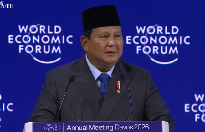 Presiden Prabowo Subianto berpidato di WEF, Davos, Swiss, Kamis (22/1/2026). (BeritaNasional/YouTube Setpres)
