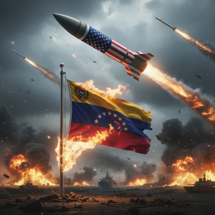 Ilustrasi penyerangan AS terhadap Venezuela. (BeritaNasional/Gemini AI-Kiswondari)