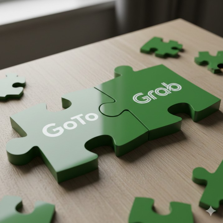 Ilustrasi merger GoTo Grab. (BeritaNasional/Gemini AI-Kiswondari)