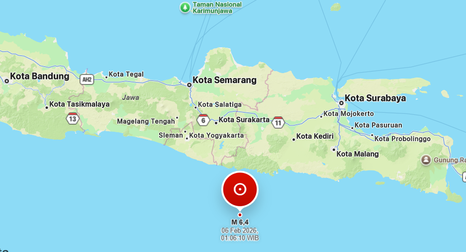 Gempa 6,4 M Pacitan, Jumat (6/2/2026) dini hari. (BeritaNasional/Peta BMKG)