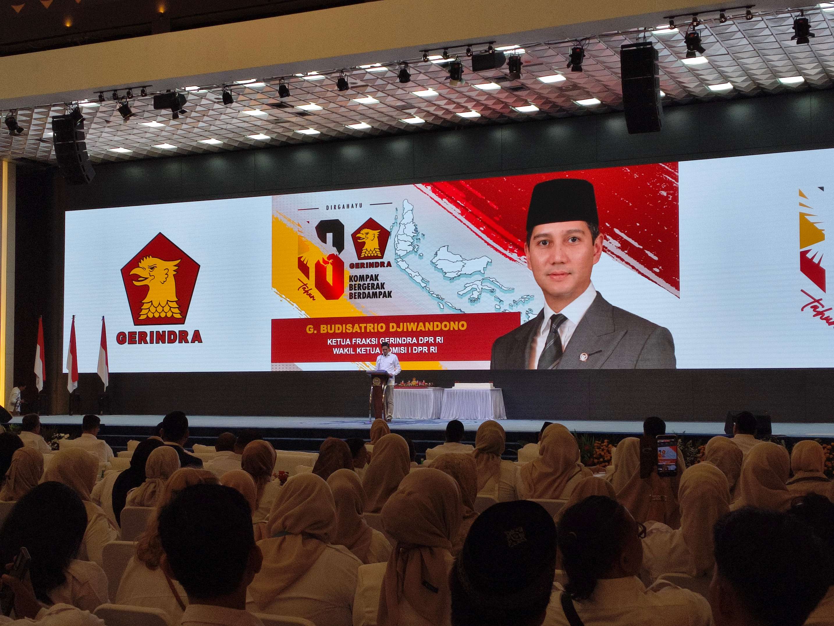 Ketua Fraksi Partai Gerindra DPR RI Budi Djiwandono dalam HUT ke-18 Partai Gerindra di DPR. (BeritaNasional/Ahda)