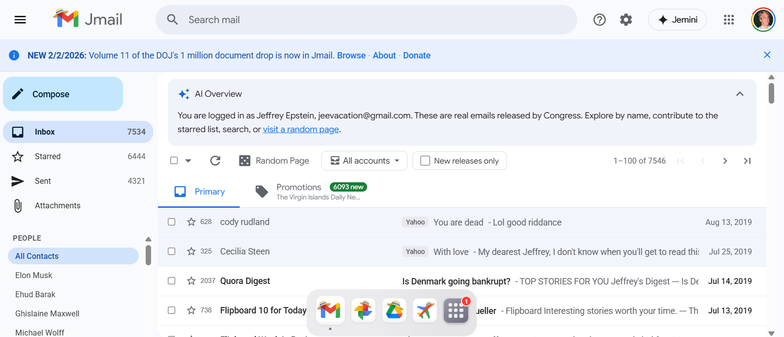 Tampilan Jmail Epstein untuk mengakses Epstein Files. (BeritaNasional/Jmail Epstein)
