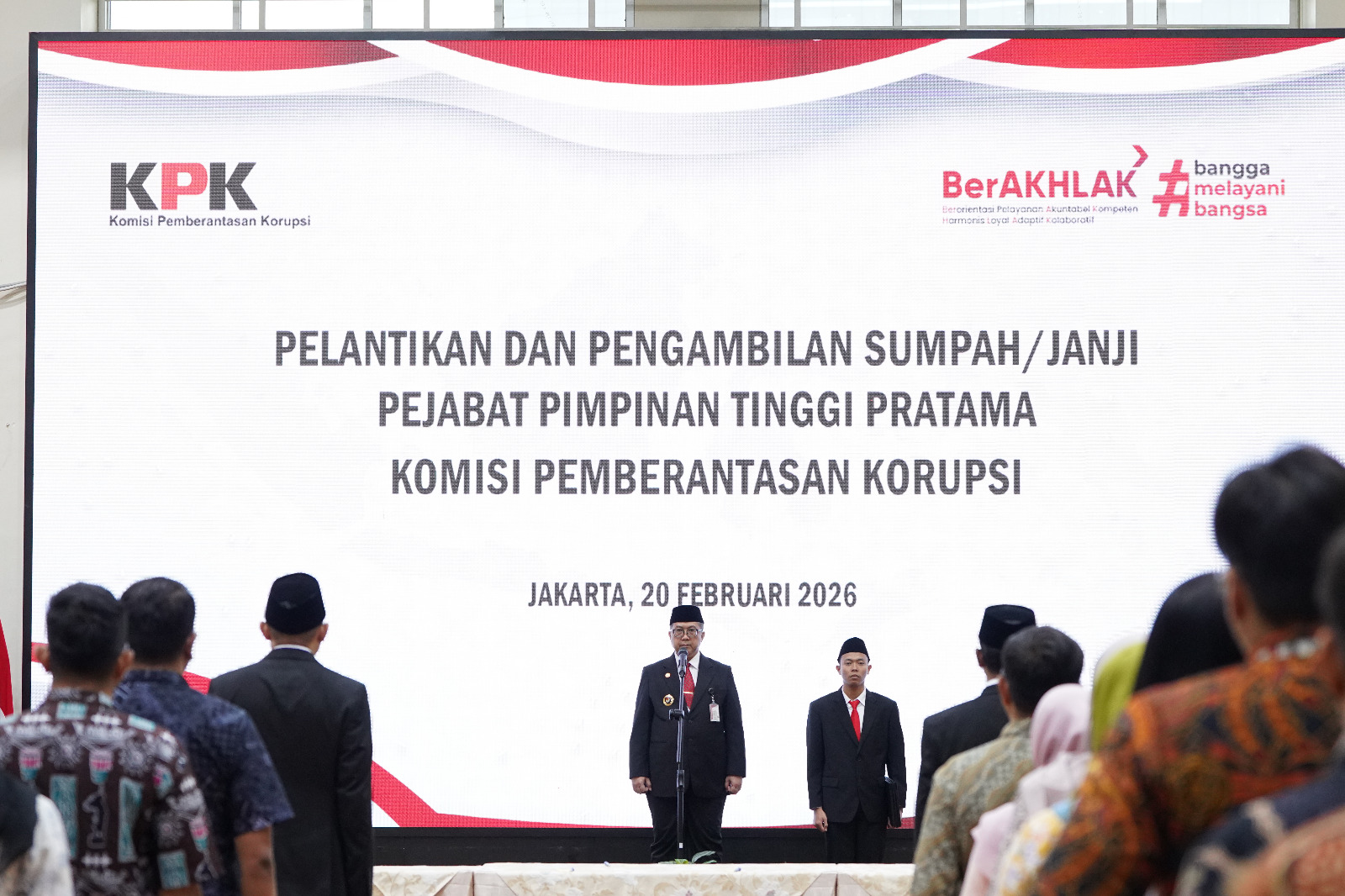 Pelantikan 6 Pejabat Tinggi Pratama KPK yang dipimpin Sekjen KPK Cahya Hardianto Harefa di Gedung Juang KPK, Jakarta, Jumat (20/2/2026). (BeritaNasional/KPK)