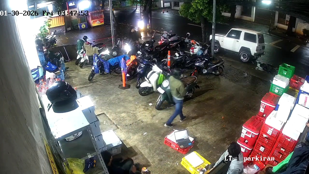 Video CCTV memperlihatkan sebuah mobil putih menabrak motor yang terparkir di depan perusahaan ritel di Jalan Ampera, Pasar Minggu, Sabtu (31/1/2026). (BeritaNasional/CCTV Toko Ritel)