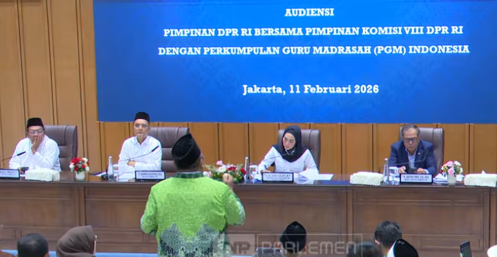 Audiensi Perkumpulan Guru Madrasah Indonesia (PGMI) dengan Pimpinan DPR dan Komisi VIII DPR, Rabu (11/2/2026). (BeritaNasional/YouTube TVR Parlemen)