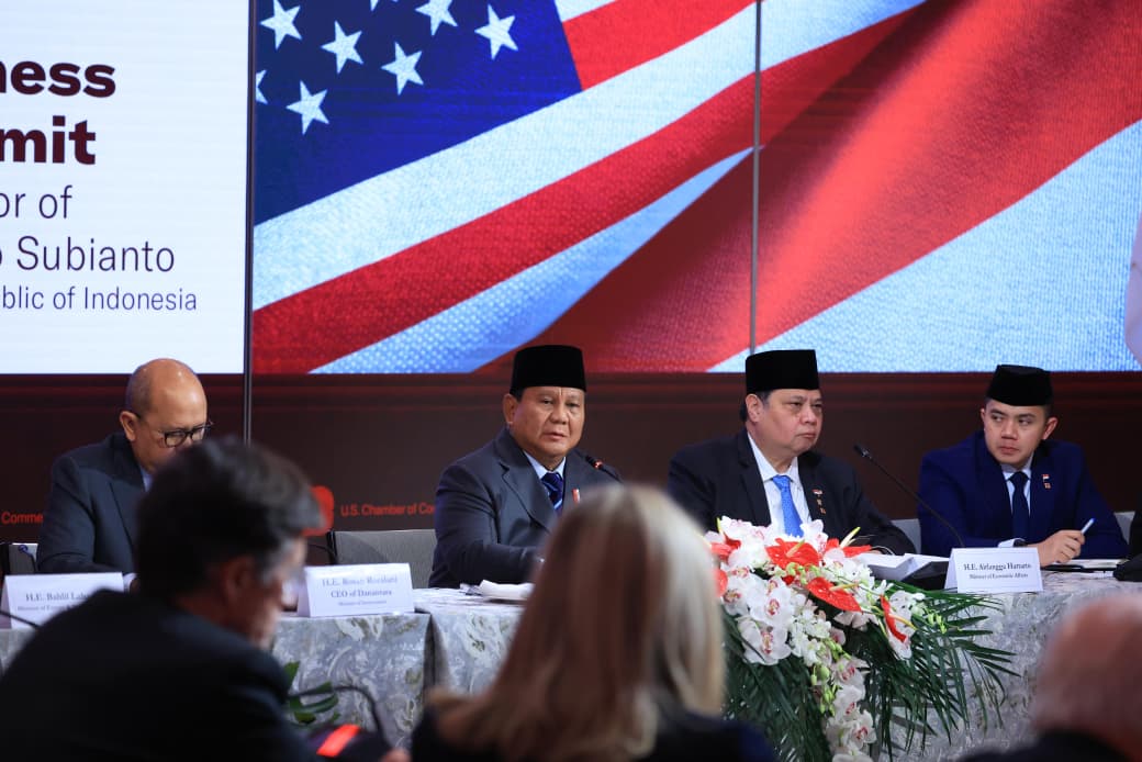 Presiden Prabowo Subianto menyampaikan capaian ekonomi Indonesia di depan pengusaha Amerika Serikat. (BeritaNasional/Setpres)