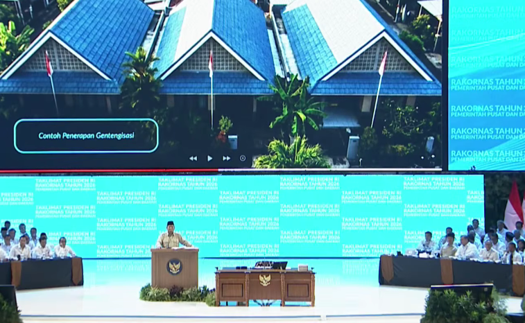 Presiden Prabowo Subianto saat berpidato di Rakornas 2026. (Foto/YouTube Setpres)
