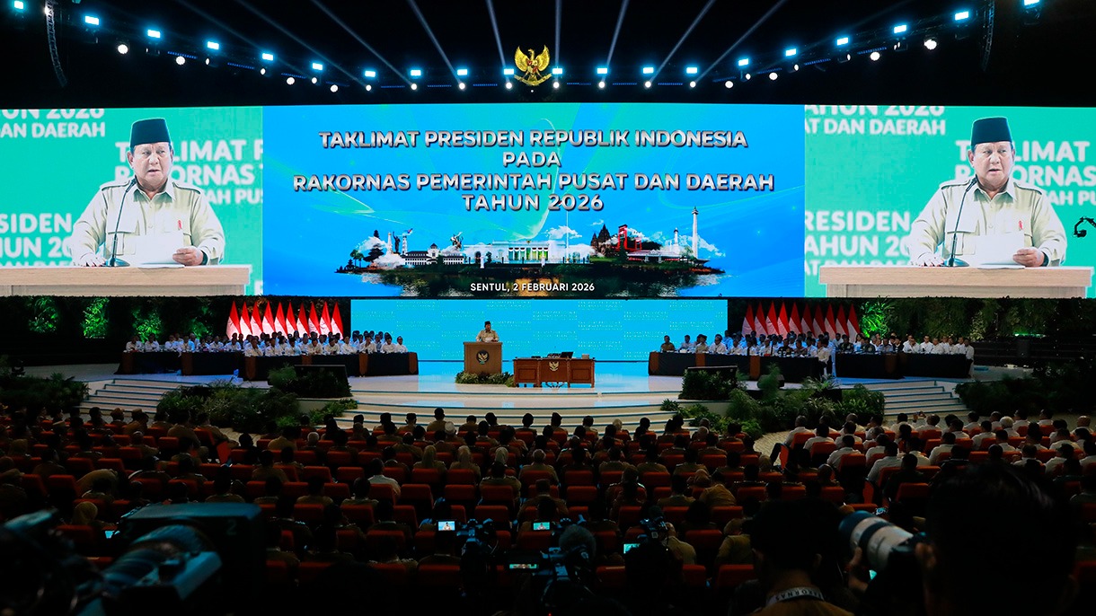 Presiden Prabowo Subianto saat menyampaikan Taklimat Presiden pada Rakornas Pemerintah Pusat dan Daerah Tahun 2026. (BeritaNasional TV).