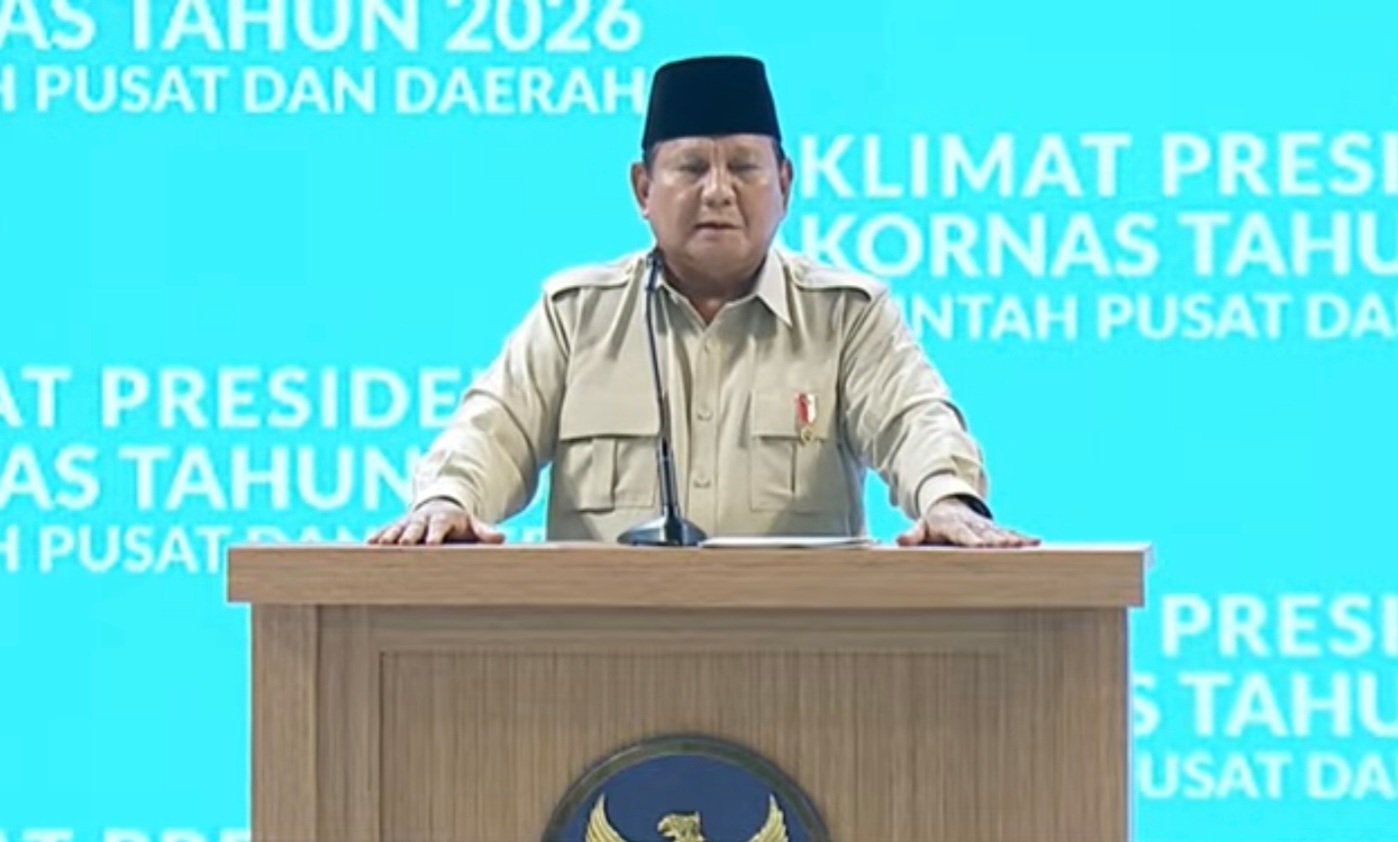 Presiden Prabowo Subianto sampaikan Taklimat dalam Rakornas Pemerintah Pusat dan Daerah di SICC. (BeritaNasional/YouTube BPMI Setpres)