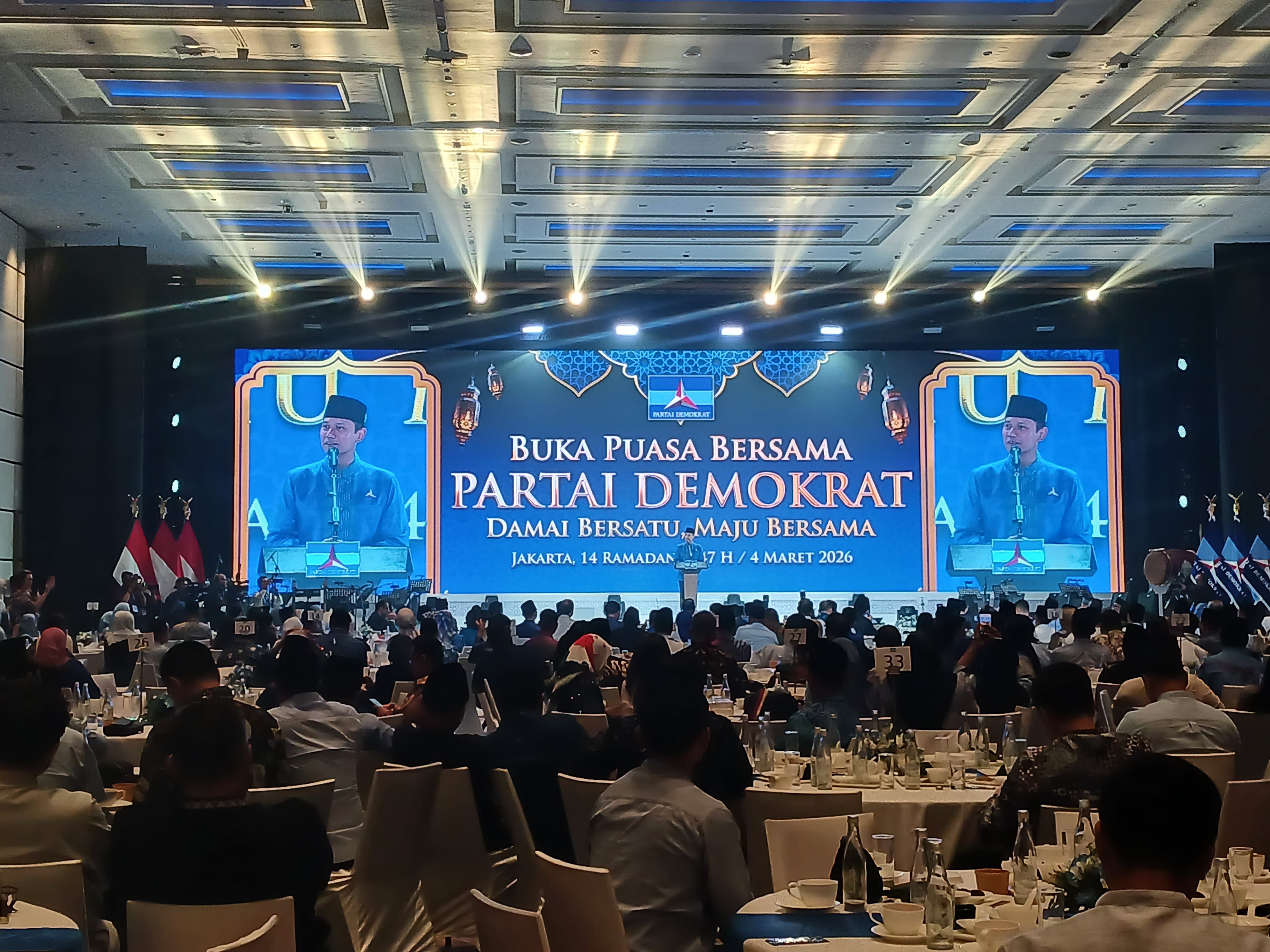 Ketum Partai Demokrat AHY menyampaikan pidato politiknya di Jakarta. (BeritaNasional/Ahda)