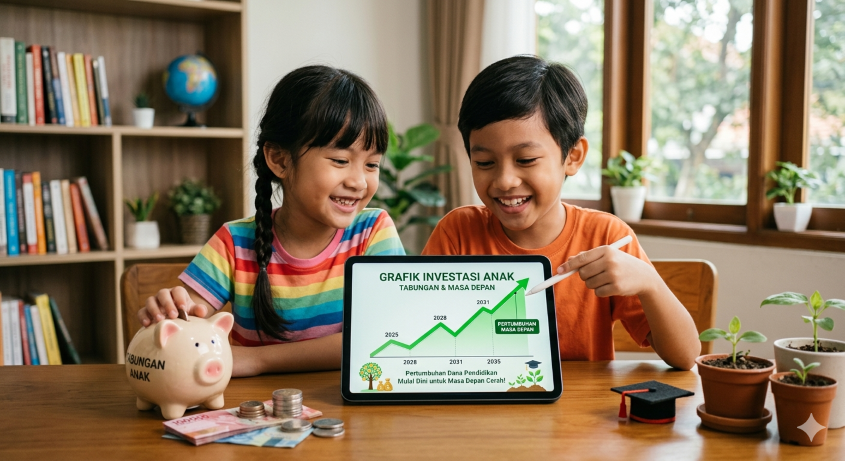 Ilustrasi anak berinvestasi untuk masa depan. (BeritaNasional/Gemini AI-Kiswondari))