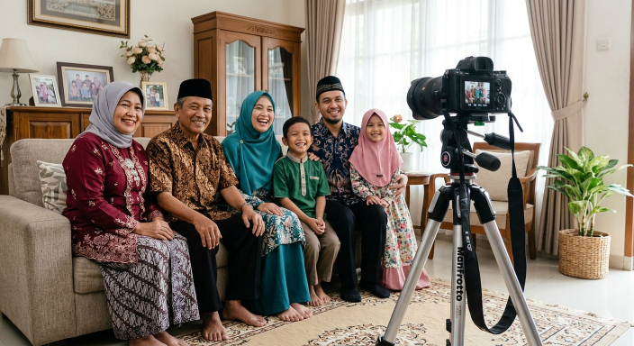 Ilustrasi foto bersama keluarga saat Lebaran. (BeritaNasional/Gemini AI-Kiswondari)