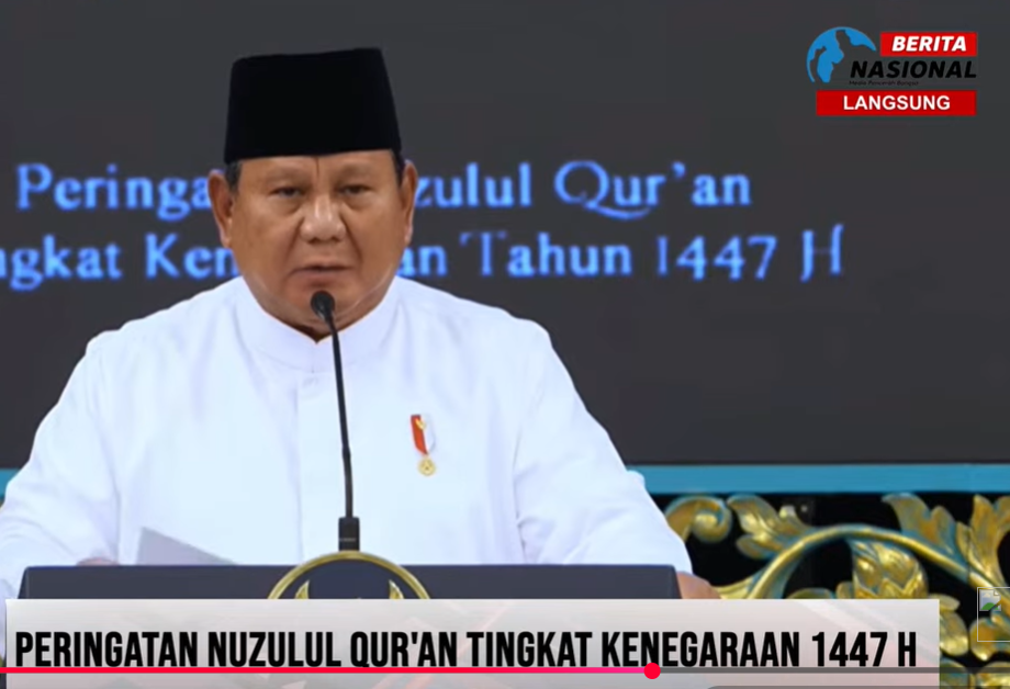 Presiden Prabowo Subianto sampaikan pidato peringatan malam Nuzulul Quran di Istana Presiden Jakarta. (BeritaNasional/tangkapan layar)