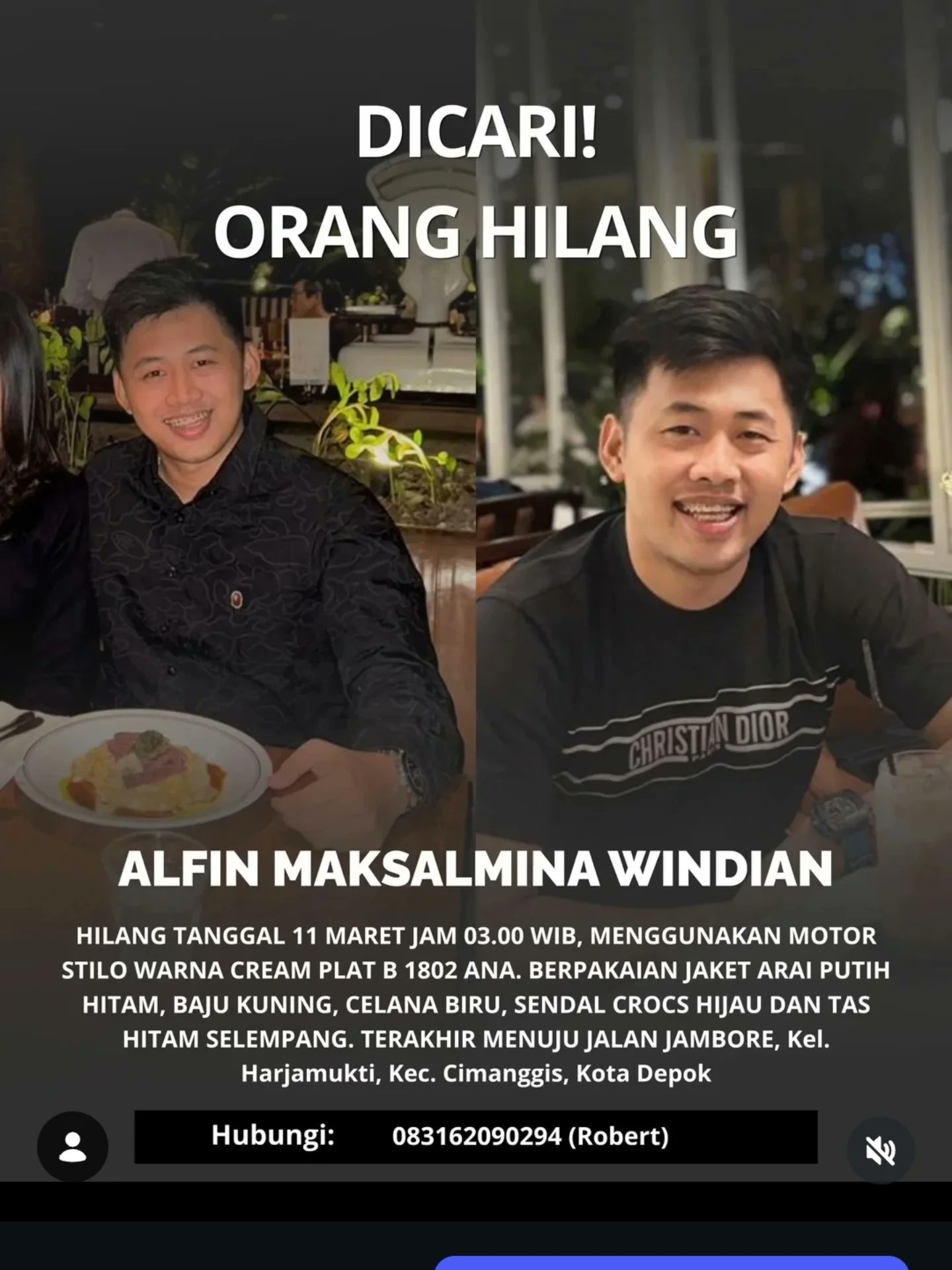 Selebaran Alfin Maksalmina Windian (28) hilang sejak 11 Maret 2026. (BeritaNasional/X Dhemit Is Back)