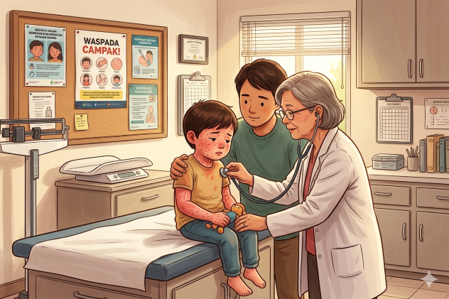 Ilustrasi anak terkena Campak. (BeritaNasional/Gemini AI-Kiswondari)