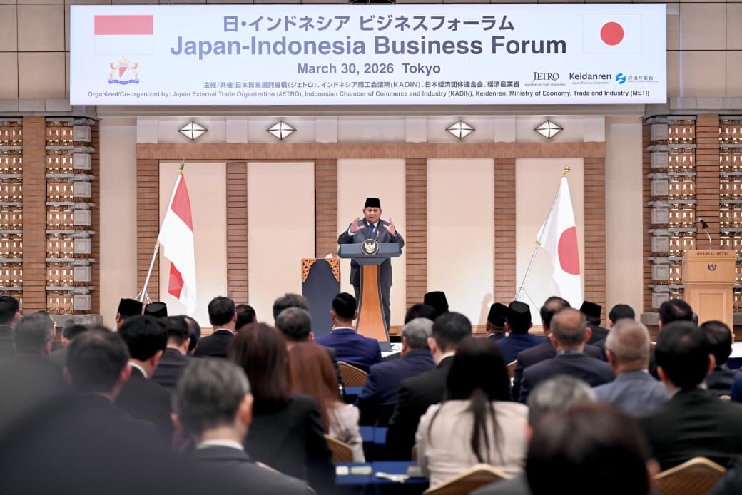 Presiden Prabowo Subianto di Forum Bisnis Jepang-Indonesia, Tokyo, Senin (30/3/2026). (BeritaNasional/BPMI Setpres)