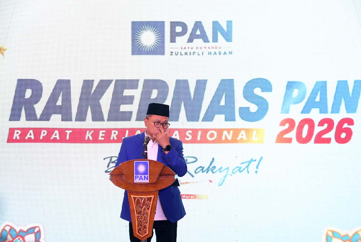 Ketua Umum Partai Amanat Nasional (PAN) Zulkifli Hasan memberikan sambutan saat Rakernas I Partai Amanat Nasional (PAN) di Kantor DPP PAN, Jakarta, Selasa (31/3/2026).  (Beritanasional.com/Oke Atmaja)