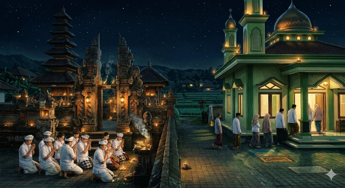 Ilustrasi Nyepi dan malam takbiran Idul Fitri 2026 berbarengan di Bali. (BeritaNasional/Gemini AI-Kiswondari)