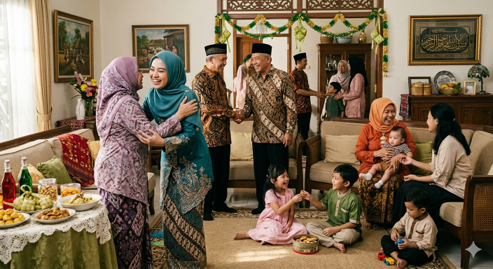 Suasana silaturahmi saat Idul Fitri. (BeritaNasional/Gemini AI-Kiswondari)
