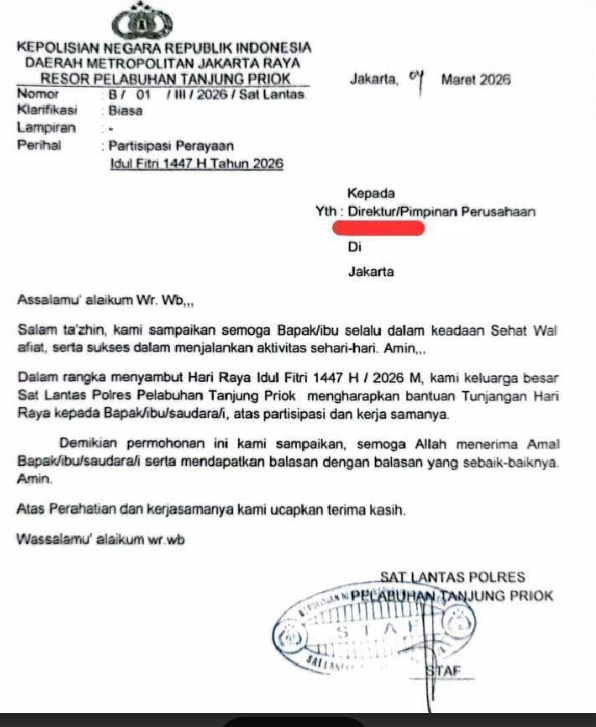 Surat permintaan THR catut nama Polres Pelabuhan Tanjung Priok Jakarta Utara. (BeritaNasional/Bachtiarudin)