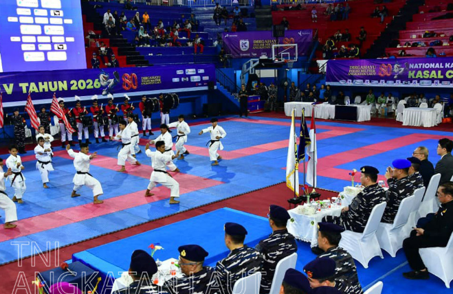 Kejuaraan Nasional Karate KASAL Cup V tahun 2026 di GOR Ciracas, Jakarta Timur, Sabtu (4/4/2026). (BeritaNasional/IG TNI AL)