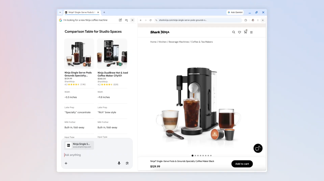Tampilan Google Chrome berdampingan dengan AI Mode. (Foto/Chrome)