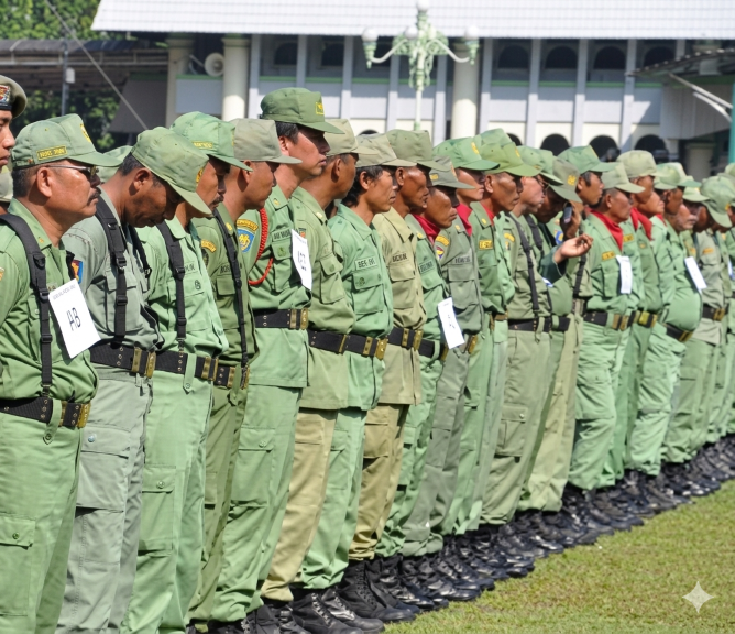 Peringatan 19 April - Hari Hansip Nasional - Hansip (Linmas) berbaris saat apel. (BeritaNasional/Humas Pemkab Banyumas)
