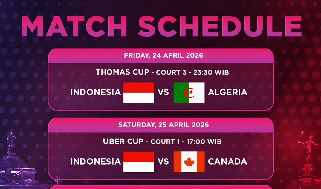 Ilustrasi jadwal pertandingan Timnas Indonesia di ajang Thomas dan Uber Cup 2026. (Foto/Instagram Badminton Ina)