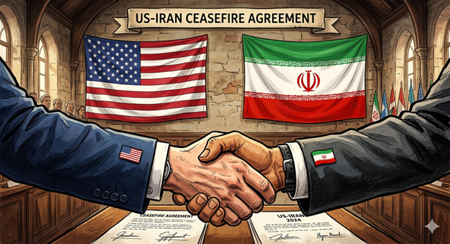 Ilustrasi gencatan senjata antara Amerika Serikat-Iran. (Foto/Gemini AI)